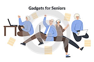 Elderly people lifestyle with modern technology gadget. Senior citizen with laptop computer headphones. Old lady and