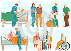 Elderly people in nursing home, medical staff takes care of seniors, vector illustration