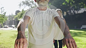 Elderly People In Park Go In For Sports. Elderly Gray Haired Man And Woman Squat With Arms Outstretched.