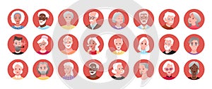 Elderly people round portrait avatar set, happy old senior man woman smiling collection