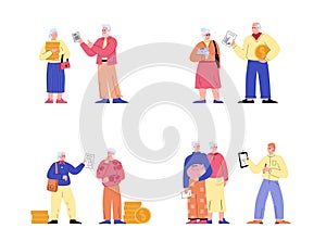 Elderly people set for pension fund savings, flat vector illustration isolated.