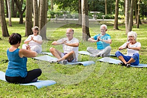 Elderly people sitting on mats in a park