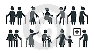 Elderly people symbols. Old persons stylized pictogram seniors in various pose vector set