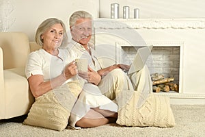 Elderly people with tea and laptop