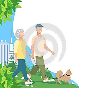 Elderly people walk the dog