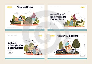 Elderly people walk dogs set of landing pages with senior men and women with pets outdoors