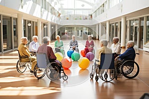 Elderly people in wheelchairs in a nursing home, exercising with balloons