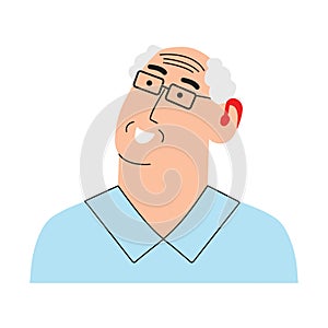 An elderly person with a hearing aid. The gray-haired man has ear problems. Vector illustration in a flat style