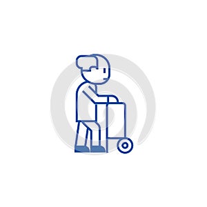 Elderly person with help wheels line icon concept. Elderly person with help wheels flat vector symbol, sign, outline