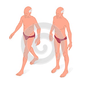 Elderly person, naked body. Isometric vector illustration of a standing person.