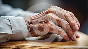 An elderly person& x27;s hands resting on a wooden table, AI