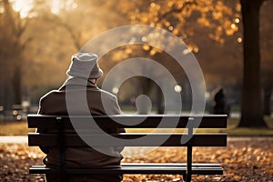 Elderly person sitting alone on a park bench. Generative AI