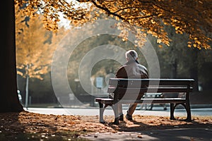 Elderly person sitting alone on a park bench. Generative AI