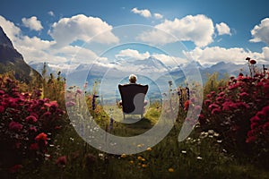 an elderly person sitting in a chair on a hill surrounded by flowers