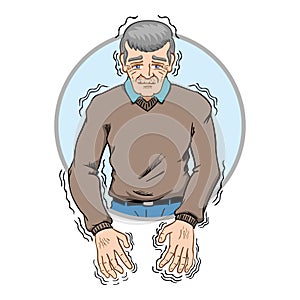 Elderly person with trembling symptoms of Parkinson`s, cold or fear, Caucasian