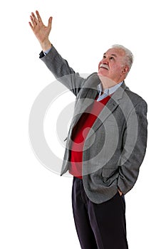 Elderly retired man raising his hand in the air