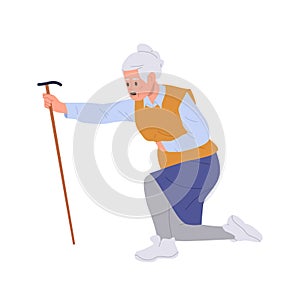 Elderly retired woman cartoon character with cane feeling unwell stomach ache or heart attack