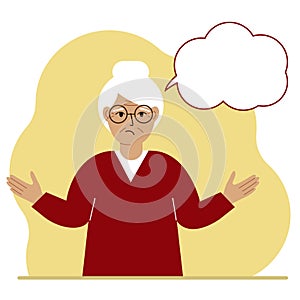 Elderly sad and upset grandmother thinks and empty thought, speech bubble. Hands are spread apart. Place for your text.