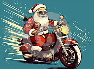 Elderly Santa on a retro motorcycle delivering a bag of gifts