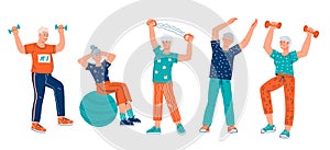 Elderly senior active people cartoon characters doing sport exercises, flat vector