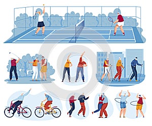 Elderly senior active people pensioners sports free time lifestyle vector illustration, happy older age man woman couple
