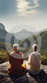 Elderly senior couple meditating in the mountains, back view, AI generated