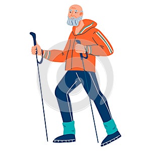 Elderly senior man at nordic walk training, flat cartoon vector illustration isolated.