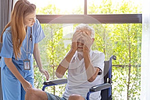 Elderly senior man sick and sad cry with mental problem nurse support. Mental illness from health conditions