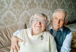 Elderly senior romantic love couple. Old retired man woman together. Aged husband wife in cozy home sweater.Elder