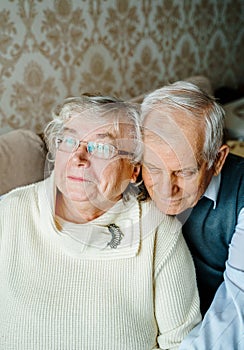 Elderly senior romantic love couple. Old retired man woman together. Aged husband wife in cozy home sweater.Elder