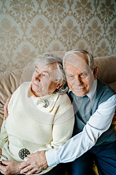 Elderly senior romantic love couple. Old retired man woman together. Aged husband wife in cozy home sweater.Elder