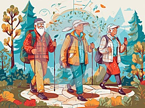 elderly senior walking happy trekking active grandfather old couple hiking. Generative AI.