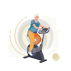 Elderly senior woman on exercise bike. Home workout training on stationary bicycle. Sport indoor retirement, active