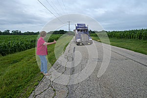 Elderly Senior Woman Hitchhiking , Lost