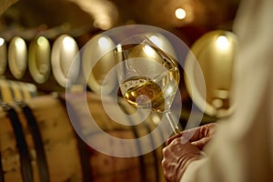 Elderly sommelier evaluating white wine in a vineyard cellar