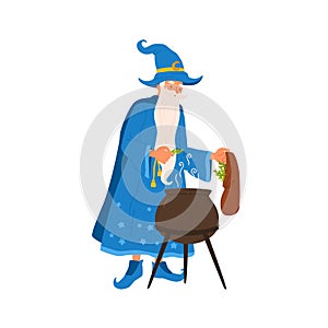 Elderly sorcerer brew potion with magic spell vector flat illustration. Fairytail mage with beard practicing wizardry