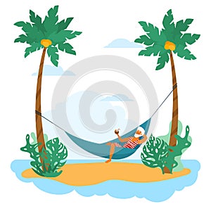 Elderly swarthy man relax in hammock among palms