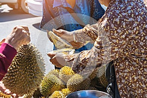 Elderly Thai female vendor ride motorcycle selling durians and fruits and vegetables to tourists at roadside. Street Merchant cut