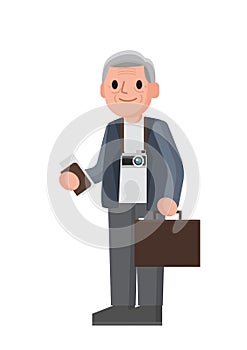 Elderly tourist. Grandfather with suitcases is traveling. Standing senior man.
