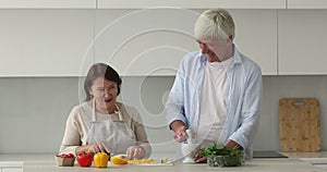 Elderly wife and husband talking cooking together in kitchen