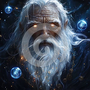 Elderly wise man with glowing eyes and cosmic background