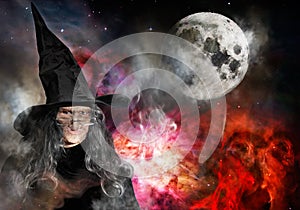 Elderly Witch With Black Hat Full Moon