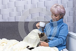 An elderly woman of 60-65 is warming up at the heating radiator with her cat, holding a white cup in her hand. Concept: low indoor