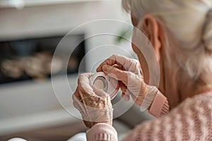 Elderly woman adjusting thermostat in cozy living room