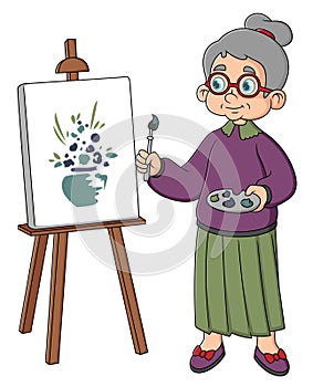 An elderly woman artist draws a picture at the easel. Pensioner painting a landscape Sunset in watercolor and oil. Brushes and