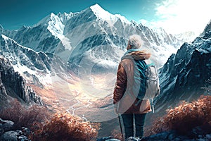 Elderly woman with a backpack high in the mountains.Photorealistic shot generated by AI