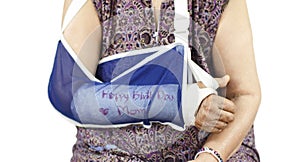 Elderly woman with a broken arm on a plaster cast