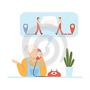 Elderly woman calls workers who rearrange furniture vector illustration