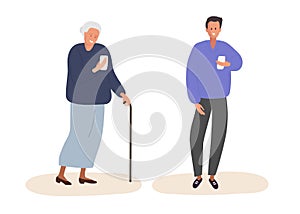 Elderly woman with cane looking at her smartphone and smiling. Young man looks at his mobile phone. Elderly mother talks