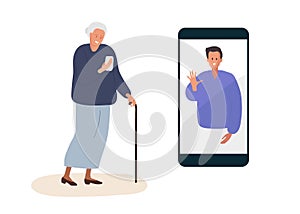 Elderly woman with cane looking at her smartphone and smiling. Young man on screen mobile phone. Elderly mother talks to